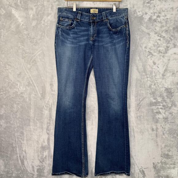 BKE Culture Stretch Jeans Womens 32x33.5 Blue Denim Bootcut Mid Rise Distressed - Picture 1 of 13